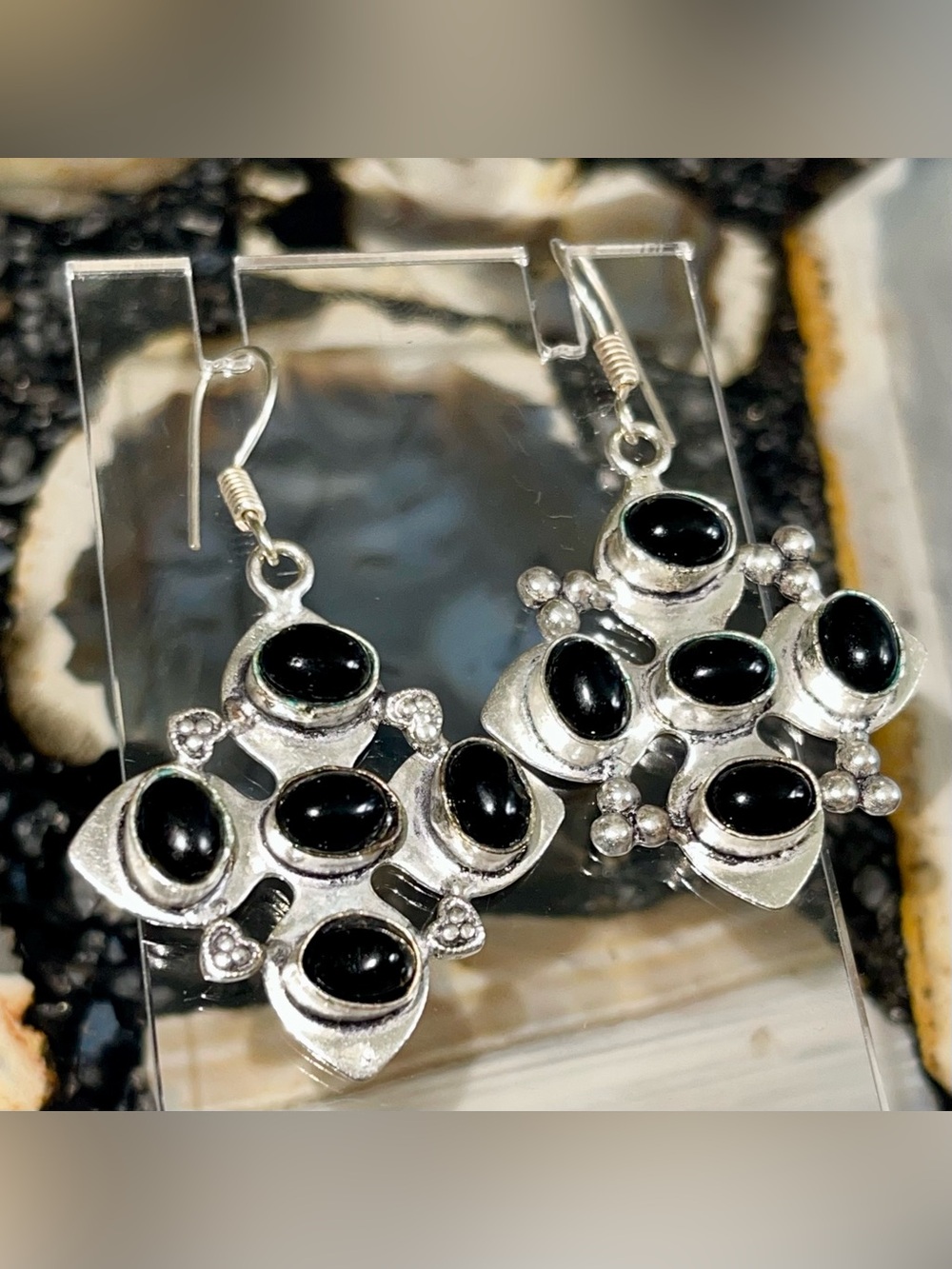 Black Onyx Crystal Earrings 2”